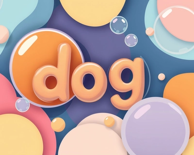 an abstract artistic composition with organic forms like bubbles. In eache piece of puzzle is written the word “dog”, cartoon style illustration, vibrant colors, fun and playful, clean bold lines, animated movie quality, soft pastel color palette, gentle muted tones, highly detailed, rich textures, intricate details