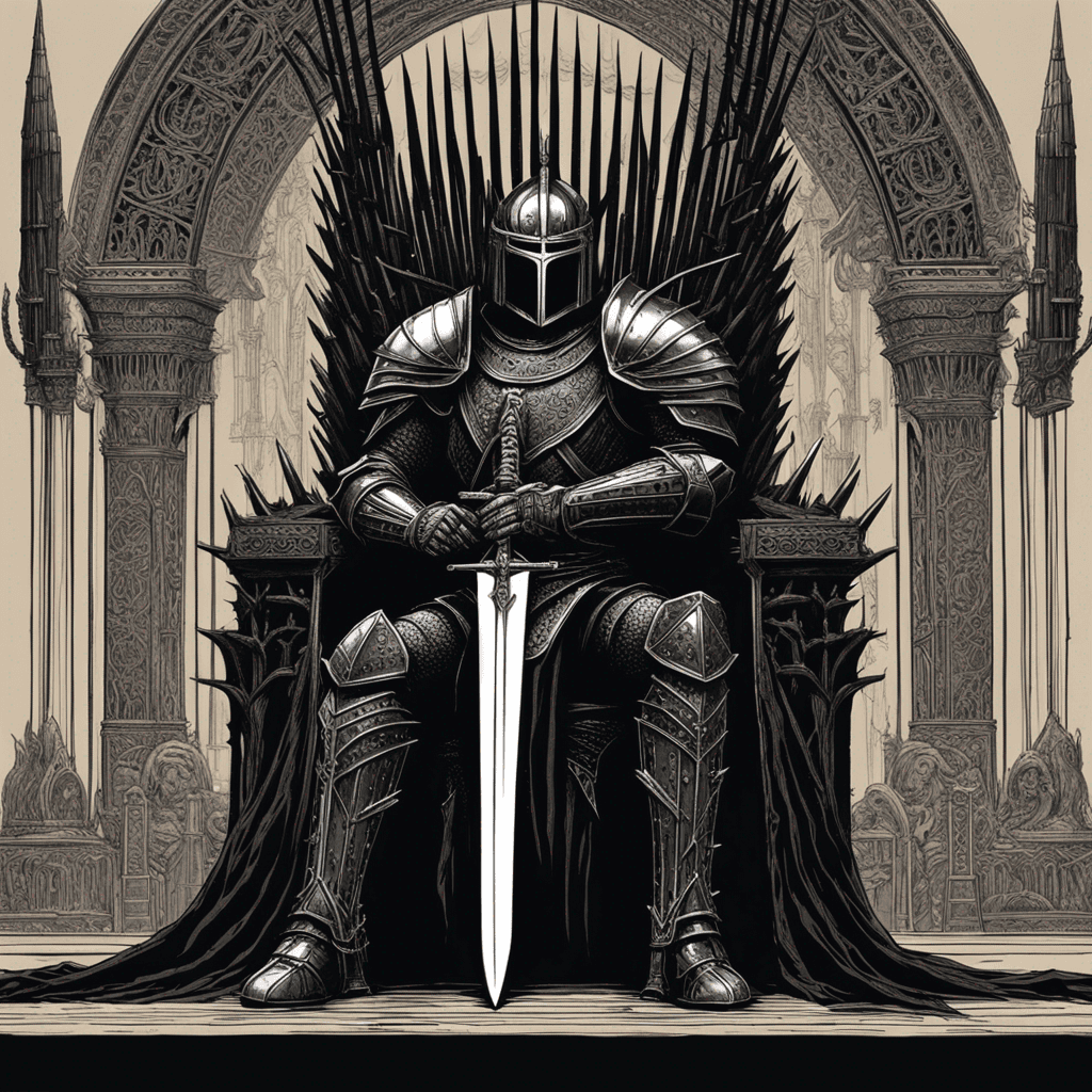 "Artistic Image, A dark, brooding knight armored in ebony plate mail, sitting upon an imposing iron throne that's adorned with a myriad of sharpened metallic spikes, leaning on a colossal sword with intricate designs etched into its blade, Art Styles: gothic, dark fantasy, Art Inspirations: H.R. Giger for throne design and Frank Frazetta for the heroic yet dark warrior imagery, Camera: medium shot, Lens: 35mm, View: slightly low angle to emphasize the knight's dominance and power, Render Related Information: Unreal Engine render for realistic lighting and detailed textures, Resolution: 4K, Lighting: dim, atmospheric lighting with a prominent light source illuminating the knight’s melancholy expression, casting elongated shadows on the ground, Color Types: dark colors with hints of metallic sheen, Detail: highly detailed to showcase the intricacies in the armor and sword."
