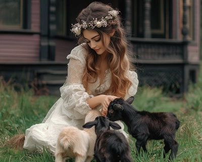 A magical and playful scene of a young woman in her early 20s with long brown wavy hair wearing a wispy white dress and a flower crown, playing with cute baby goats in the grass. In the background there is a dark brownish purple Victorian house with black trim. 