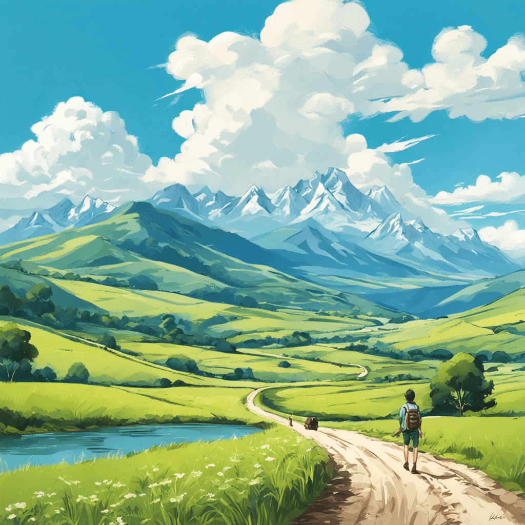 Country road, blue sky and white clouds, grassland, illustration, mountains and rivers, picturesque scenery, fresh style, high saturation, a little road boy walking from a distance