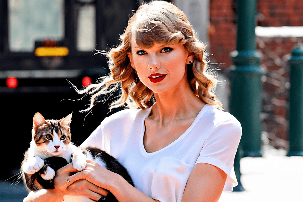 Taylor swift holding her cat. Only top half of her body in showing