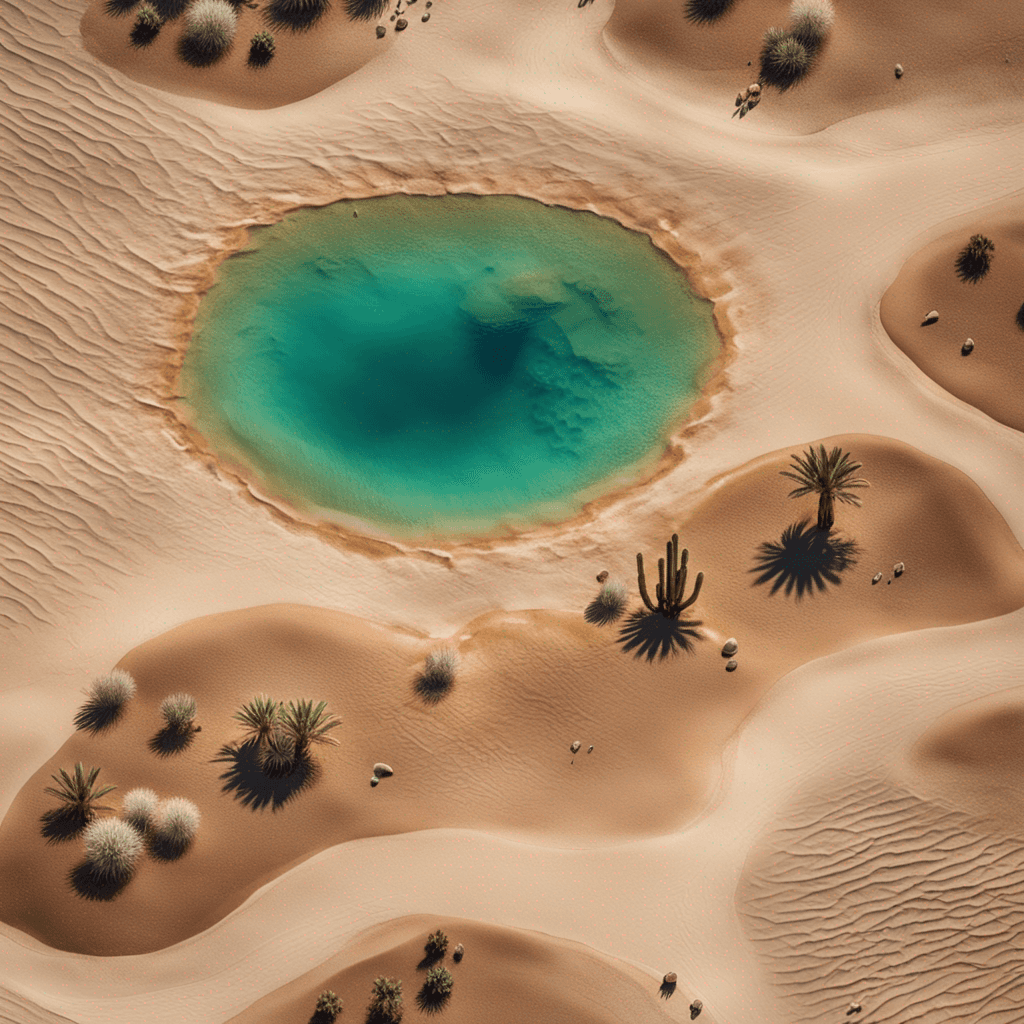 a picture of a desert oasis from an aerial view. An abstract, surrealist art style with a mix of watercolor and paper textures. Captured with a telephoto lens in 8K resolution.