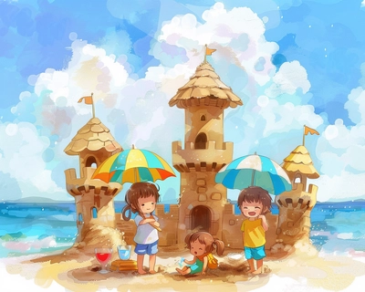kawaii kids summer fun sand castles