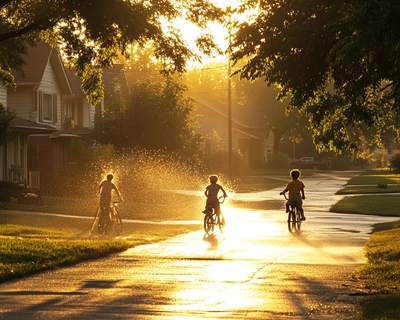 A quiet suburban street during a warm summer evening, circa 1980s. The golden hour sunlight casts long, soft shadows as kids ride bicycles with tassels on the handlebars, and a sprinkler is gently spraying water in a nearby yard. The distant sound of a radio playing an old pop song adds a warm, nostalgic vibe.