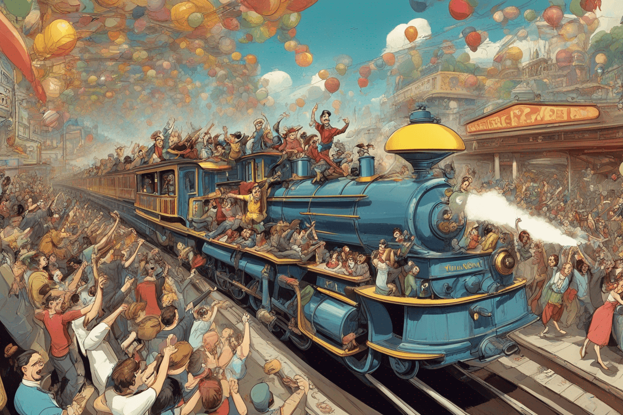 a small and very long train with party people on top of it, dancing and drinking, comic style, Disney, fish eye optic