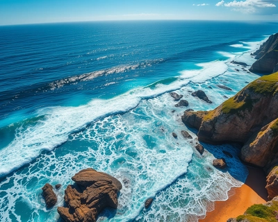 an ocean seascape, aerial drone photography, bird's eye view, stunning top-down perspective, ultra wide angle, highly detailed, rich textures, intricate details