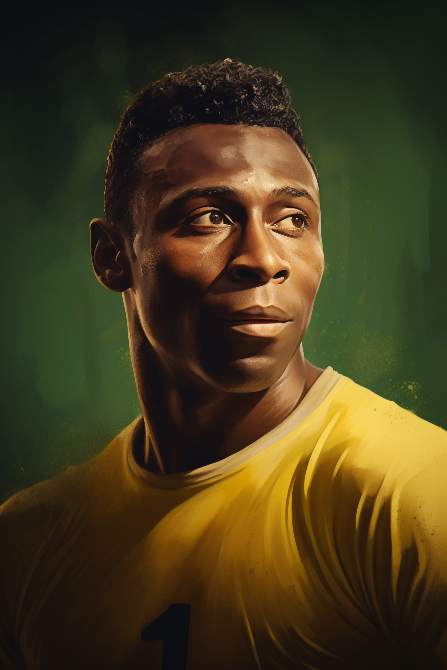 Brazilian soccer legend Pele, epic painting, looking off into the distance
