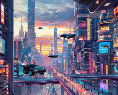 Create a vibrant illustration of a futuristic cityscape at sunset, blending the styles of cyberpunk and Art Deco. The foreground features sleek, flying cars zipping through the air, with towering skyscrapers adorned with neon signs and glowing lights in the background. The scene is set along a bustling aerial boulevard, where pedestrians in futuristic attire roam on elevated walkways. The overall atmosphere should feel energetic and dynamic, with a vivid color palette dominated by oranges, pinks, and blues, inspired by the works of Syd Mead. Use a wide-angle lens to capture the vastness and intricate details of the city.