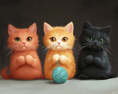 Three Maine coin cats of different colors playing with yarn