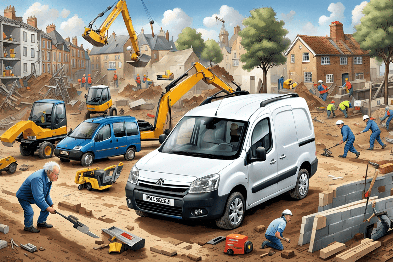 A white Peugeot Partner van drives over a construction site with tools falling out the back. In the background a 60 year old, grey haired, nearly bald builder appears all over the construction site. In the style of Jan van Haasteren puzzle. 