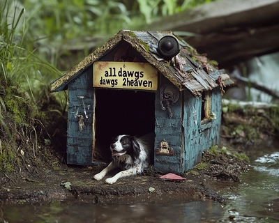 A doghouse with a sign that says "All Dawgs Go 2Heaven" with discrete masked figure laying on top. It is near a stream and there is also a microphone 