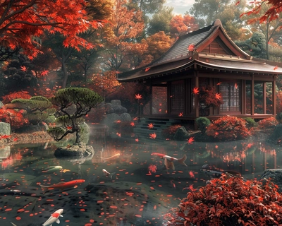 A serene Japanese garden in the midst of autumn, with vibrant red and orange maple leaves gently falling. A traditional wooden tea house overlooks a tranquil koi pond surrounded by meticulously manicured bonsai trees. The scene is captured in the style of Studio Ghibli, with soft, whimsical details and warm, inviting colors. The image is shot using a wide-angle lens to encompass the entire garden, providing a sense of peacefulness and harmony.