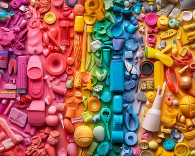 Make an image with photos of items in various colours. It should incorporate all the colours of the rainbow. The themes is cheerful and fun. 