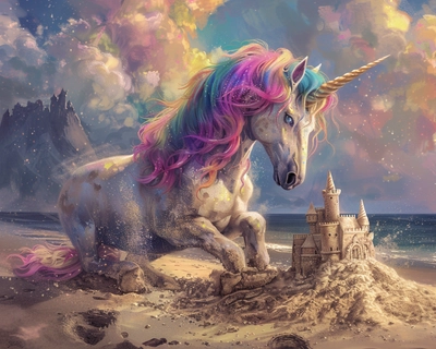 A rainbow unicorn playing on the beach and building sand castles 
