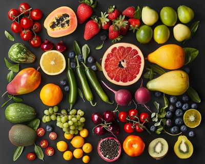 A PICTURE OF FRUITS AND VEGETABLES

