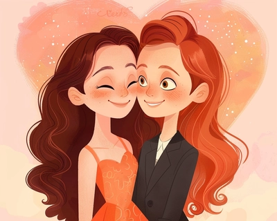 Create a cartoon drawing in the style of Disney, depicting two girlfriends in a loving embrace.

Girlfriend 1:

Shoulder-length, type 2 curly dark brown hair
Slim figure
Fair skin
Freckles
Wide, joyful smile
Wearing an orange dress
Girlfriend 2:

Long, straight, copper-red hair with a sidecut
Light hazel eyes
Wearing a suit and tie
Focus on capturing the warmth and affection between the two characters. Use vibrant colors and a playful, expressive style. Consider adding a romantic background element, such as a heart or a soft sunset, to enhance the overall mood.