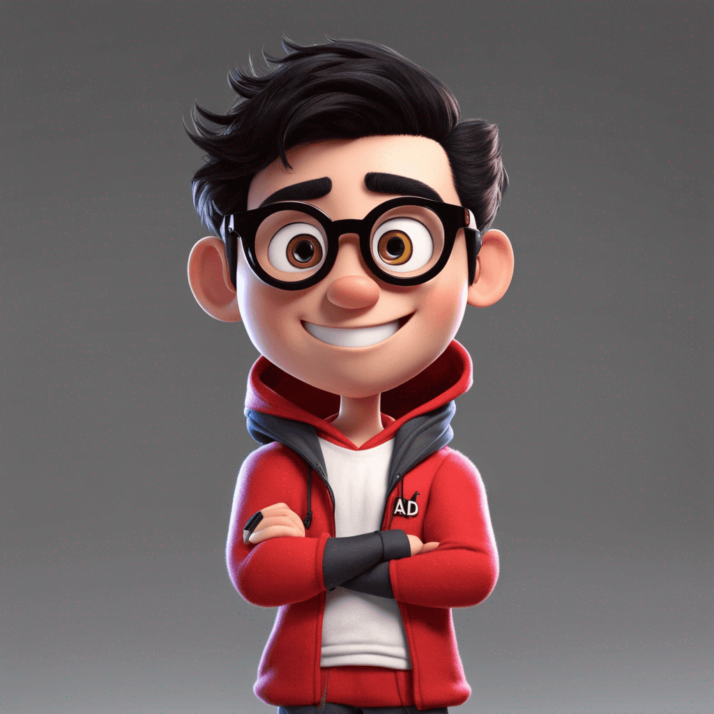 "Pixar style, Cute cartoon style of smart hero man  with smile front wearing red hoodie and eyeglasses written "Basha" normal eyes and black hair, photo, 4d render, fashion "