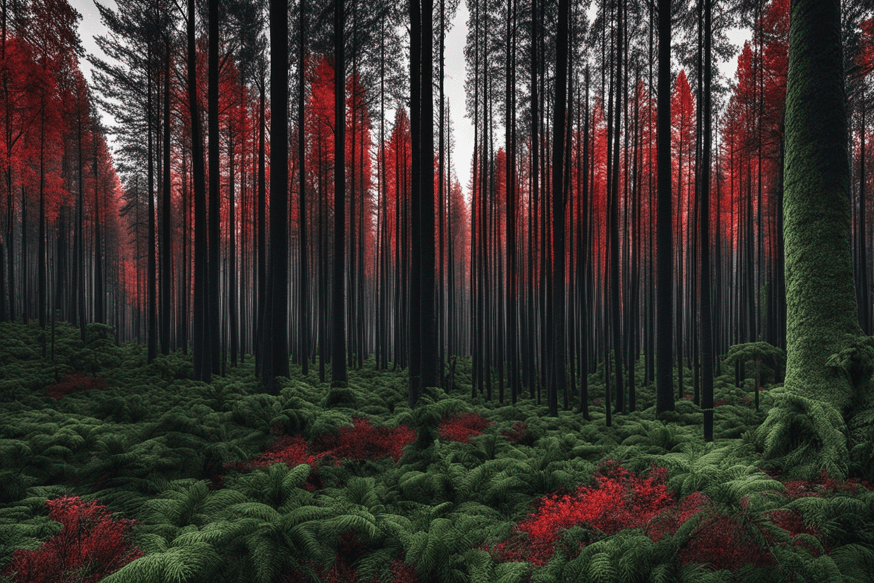 A picture of a forested landscape with darkness near and red eyes within the forest
