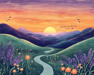 "Create a vibrant and motivational jigsaw puzzle featuring a serene mountain landscape at sunrise. In the sky, incorporate an inspiring quote like 'The journey is the reward.' Surround the scene with subtle details such as winding paths, blooming flowers, and distant birds to create a sense of calm and progress. Use a soft, warm color palette with shades of orange, purple, and green to evoke a feeling of peace and self-reflection