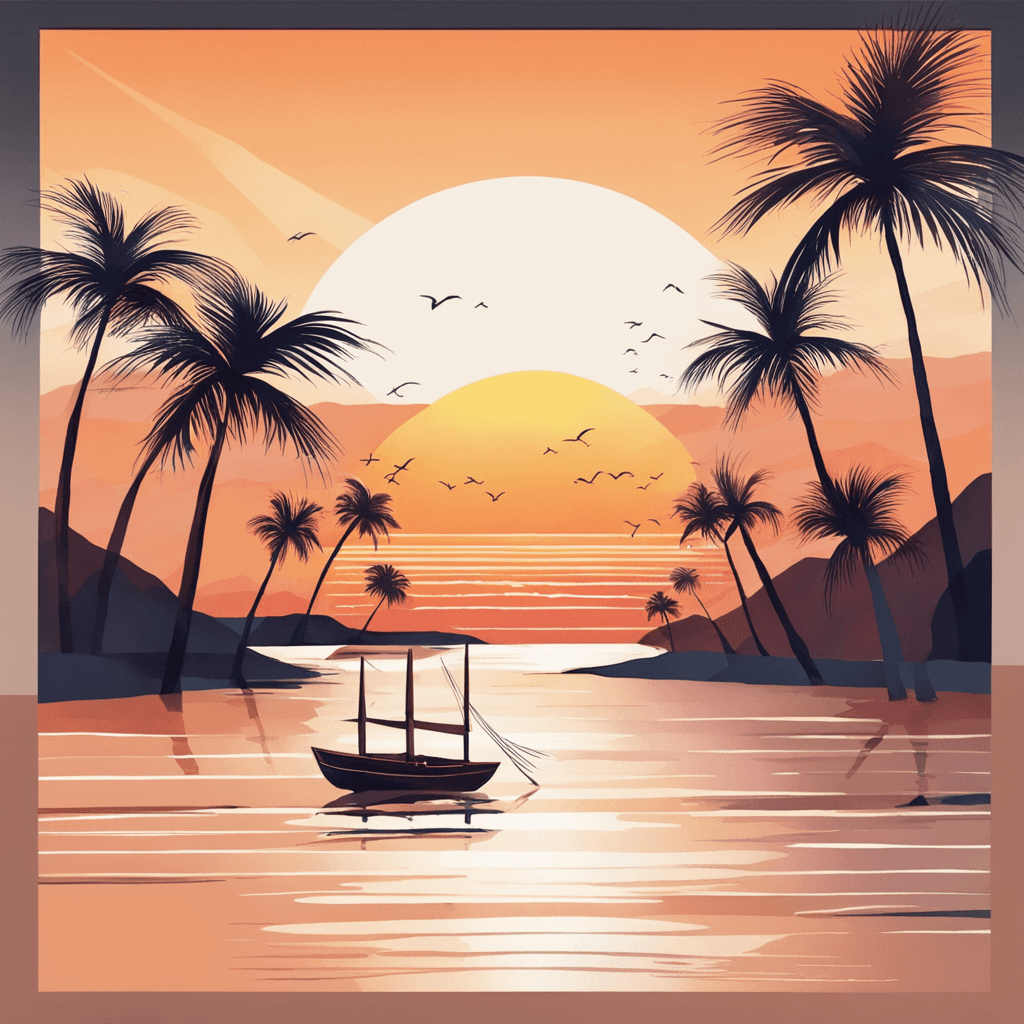 a picture of a sunset over a beach. Aesthetic minimalist landscape with ocean, palm trees and sun. Watercolor and paper textured print, vector posters. Illustration, travel art minimal scene, birds eye view.