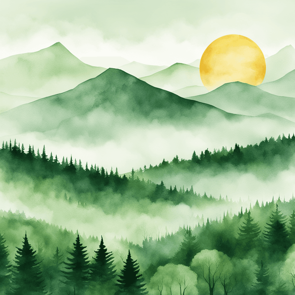 a picture of a lush, green forest in a foggy morning. Watercolor and paper textured print, vector posters. Illustration, travel art minimal scene, close up. Aesthetic minimalist landscape with trees, mountain range and sun. Medium telephoto lens, 4K resolution.