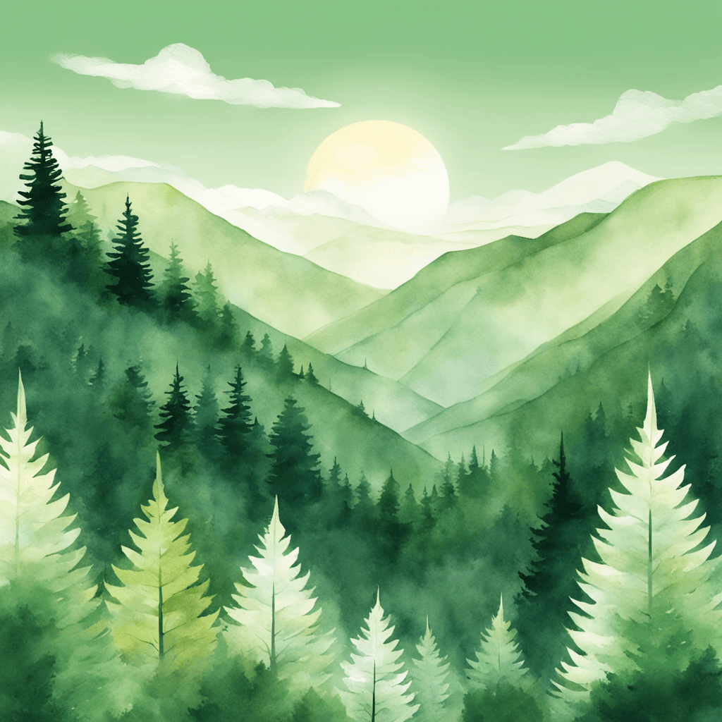 a picture of a magical forest. Aesthetic minimalist landscape with lush green trees, mountain range and sun. Watercolor and paper textured print, vector posters. Illustration, travel art minimal scene, close up. 4K resolution, wide angle lens.