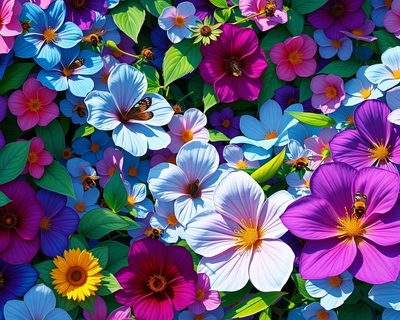 a lush garden with flowers, low poly 3D render, geometric art, faceted design, colorful polygons, modern 3D illustration, natural daylight, clear and balanced lighting, cool color palette, blues purples and teals, highly detailed, rich textures, intricate details