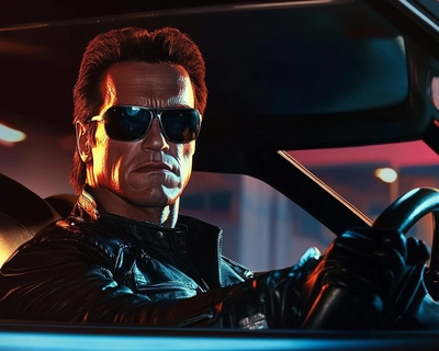 the terminator from the terminator two movie driving a sport car from the 60s