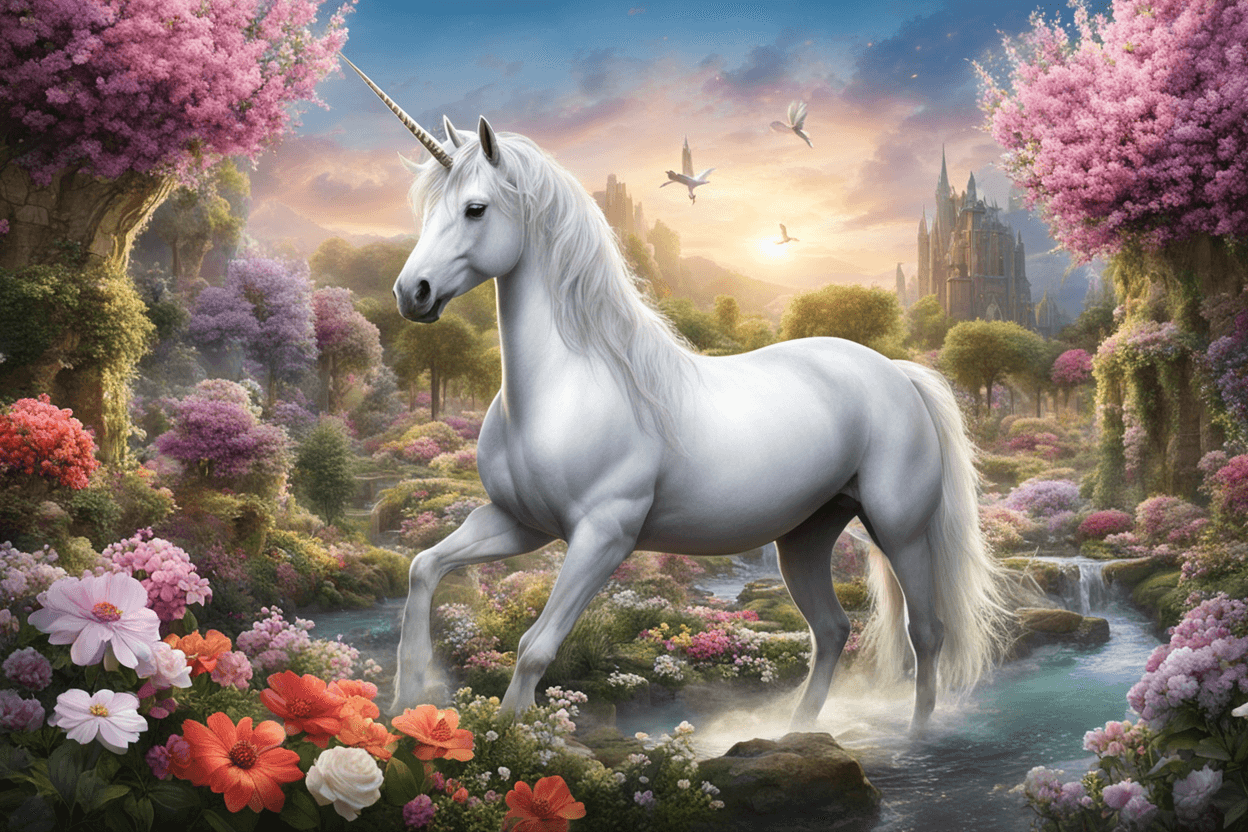 "Generate a unicorn surrounded by blooming flowers in a enchanted garden.