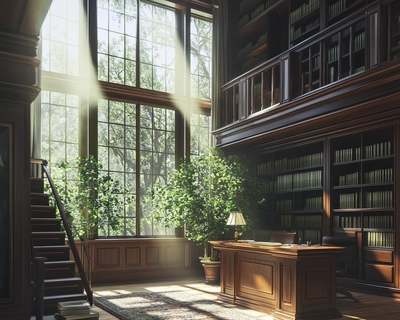 old-fashioned library, two stories, large window, plants, wood desk, light