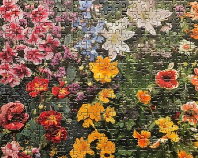 A picture of a flower garden with big jigsaw pieces defined but 6 jigsaw pieces missing and denote those missing pieces in white and have these missing pieces spread out evenly and we do not want any missing pieces adjacent to each other.