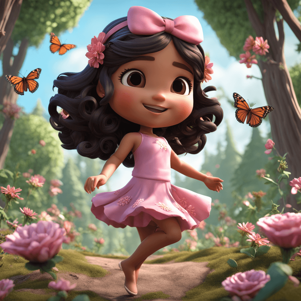  A photorealistic 3D render of a chibi Latina Tatiana in rosa tones, dancing in a forest clearing. She is surrounded by flowers and butterflies, and her hair is flowing behind her.