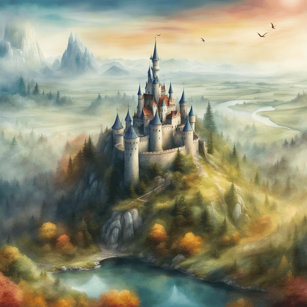 a picture of a surreal fantasy landscape with a castle in the background, painted in an ethereal watercolor style. A birds eye view, taken with a telephoto lens and a resolution of 4K