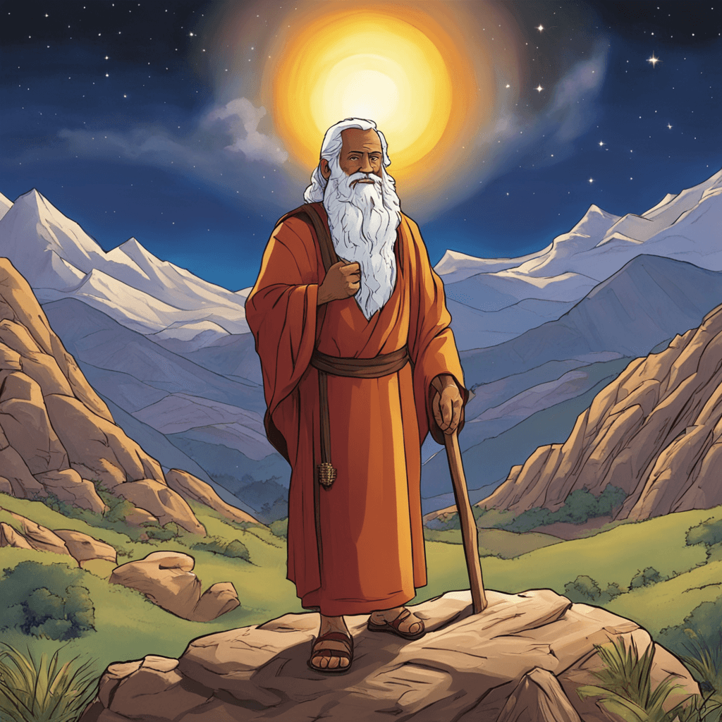 Create a puzzle of moses from the bible when he went into the mountains to talk with God and there he received the ten commandments. Add a bright light in the sky showing where God is. 