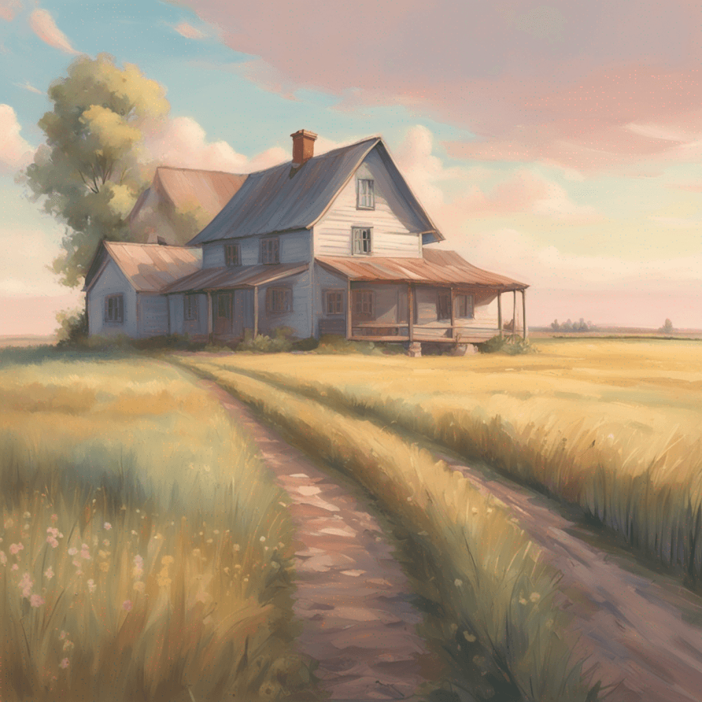 a picture of a rural farmhouse in a rolling landscape. Soft pastel colors, impressionism style, with a wide angle lens, 4K resolution.