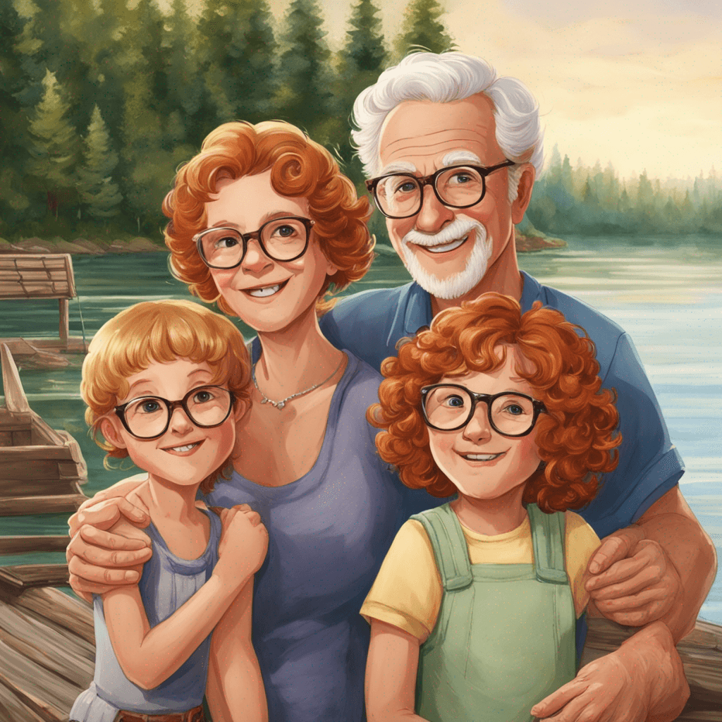 I would like grandparents at the lake with their three grandkids. Grandpa and Grandma have glasses. Grandma has a blonde bob haircut. Grandpa has grayed auburn hair. The three grandkids are a seven year old blonde boy, a five year old blonde girl, and a four year old red curly haired girl.