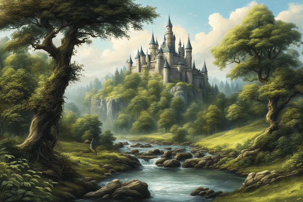 a picture of a forest landscape with a castle in the background. It should have the essence of magic.
