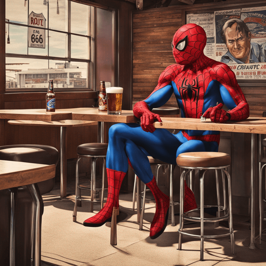 Spiderman drinking a beer in a restaurant of route66