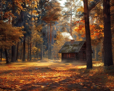 A serene, sunlit forest clearing during autumn, with golden and red leaves carpeting the ground, inspired by the detailed realism of Ivan Shishkin. In the center, a quaint, old wooden cabin with smoke gently rising from the chimney, surrounded by tall, majestic trees. Capture the scene using a wide-angle lens to emphasize the vastness of the forest, with soft, natural lighting to enhance the warm, inviting atmosphere.