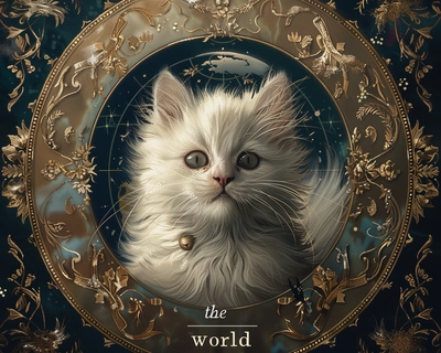 Generate an image of a tarot card named "The World" symbolizing completion, fulfillment, and interconnectedness. At the center, place a white fluffy kitten with heterochromic eyes, radiating harmony and mastery. The background should feature a globe with intricate patterns and symbols, highlighting the world's vastness and the culmination of a profound journey. Ensure the image is visually captivating and rich in symbolism.

