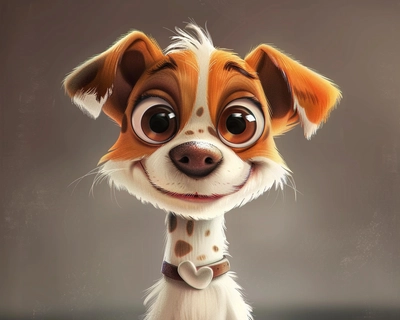 a picture of  a very cute dog caricature smiling with big eyes very kids friendly and eye catching