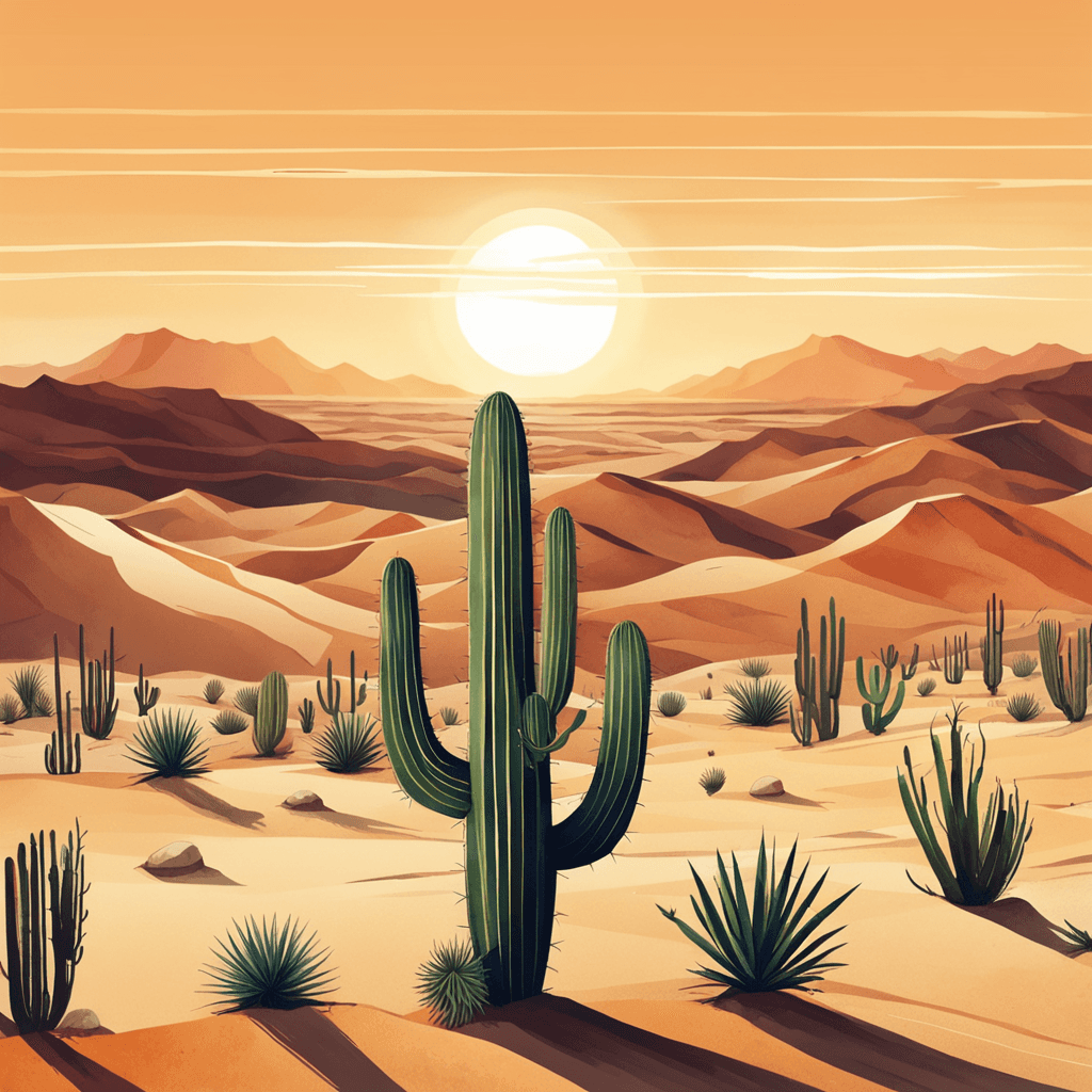 a picture of a vast desert landscape with a cactus and a sun setting in the background. Watercolor and paper textured print, vector posters. Illustration, travel art minimal scene, birds eye view. 4K resolution, wide angle lens.
