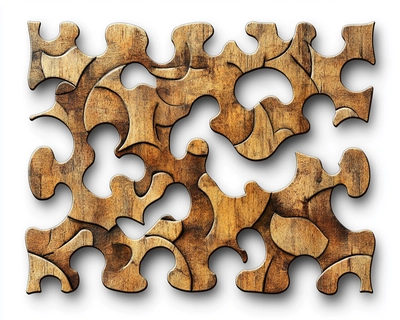 Create an irregular, Victorian-style wooden jigsaw puzzle template in PNG format with intricate, curvilinear cut lines and transparent areas around each puzzle piece. The design should resemble vintage, hand-crafted puzzle pieces and be suitable for layering over other images."