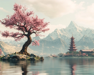 "A beautiful ancient sakura tree in front of a lake. Mountains and Japanese temples in the background. Intergalactic