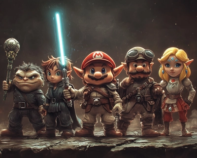 A mixture of Star Wars Harry Potter and Zelda and Mario brothers characters 