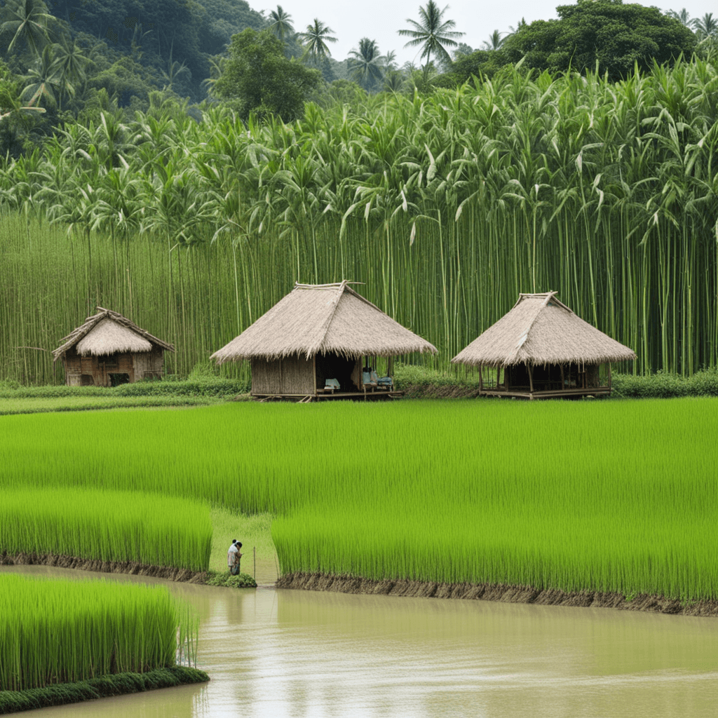 Rice field, bamboo, mango tree, farmers, bamboo hut