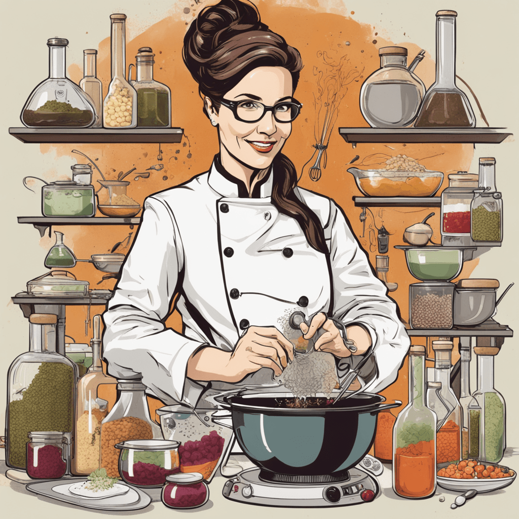 Create an image of Dr. Genius surrounded by a kitchen filled with scientific instruments and culinary delights, meticulously working on her "Quantum Gastronomy" cookbook. Show her blending equations with ingredients, and imagine the cookbook cover featuring an enticing dish that symbolizes the fusion of molecular gastronomy and scientific exploration.