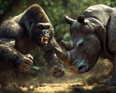 Scene Setup:

Position the gorilla and rhinoceros in an intense, face-to-face confrontation, both appearing fierce and ready to fight.
Use a close-up perspective that emphasizes their sizes and muscles, highlighting their strength and aggression.
Lighting and Colors:

Opt for dramatic lighting, with shadows across their faces to enhance their intense expressions.
Use earthy tones like deep greens and browns to evoke a wild, rugged environment that complements their fury.
Background:

Place them in a dense jungle or savanna setting with rich vegetation around them, slightly blurred to keep the focus on the animals.
Add elements like dust or broken branches underfoot to give the impression that they've disturbed the surroundings in their confrontation.
Expressions and Details:

The gorilla should have an aggressive stance, with bared teeth, clenched fists, and intense eyes focused on the rhinoceros.
The rhinoceros could lower its head, showcasing its sharp horn as it squares off with the gorilla, its eyes narrowed with hostility.
