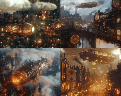 steampunk revolution, (industrial landscape), intricate gears and machinery, dramatic clouds, futuristic airships soaring above, copper and brass tones, vintage fashion with goggles, gritty but hopeful ambiance, bustling streets filled with inventors and artisans, warm glowing lights, intricate details showcasing the blend of past and future, ultra-detailed, 4K quality.