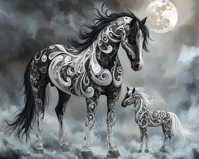 
Prompt a realistic full body pose. a beautiful elaborate black and white horse with her baby at her side decorated just as the mother. with embroidery of swirls. The background is a foggy night with a mist of mixed black and white coming up from the bottom. there is a full moon at the top right.
